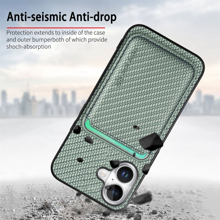 For iPhone 16 Carbon Fiber Leather Card Magsafe Phone Case(Green) by buy2fix