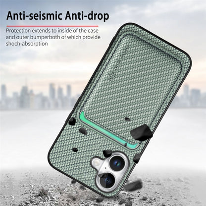 For iPhone 16 Carbon Fiber Leather Card Magsafe Phone Case(Green) by buy2fix