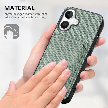 For iPhone 16 Carbon Fiber Leather Card Magsafe Phone Case(Green) by buy2fix