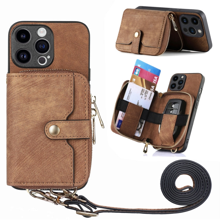 For iPhone 15 Pro Max Crossbody Multi-function Zipper Wallet Phone Case(Brown) - iPhone 15 Pro Max Cases by buy2fix | Online Shopping UK | buy2fix