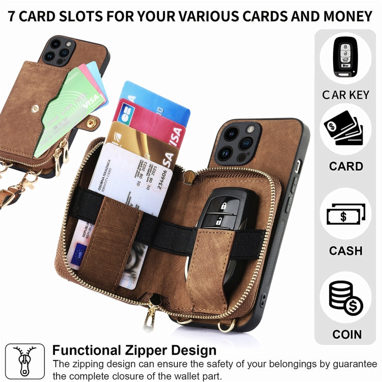 For iPhone 15 Pro Max Crossbody Multi-function Zipper Wallet Phone Case(Brown) - iPhone 15 Pro Max Cases by buy2fix | Online Shopping UK | buy2fix