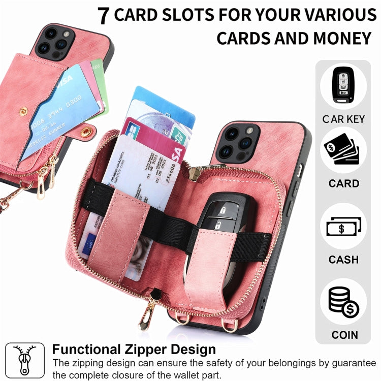 For iPhone 15 Pro Crossbody Multi-function Zipper Wallet Phone Case(Pink) - iPhone 15 Pro Cases by buy2fix | Online Shopping UK | buy2fix