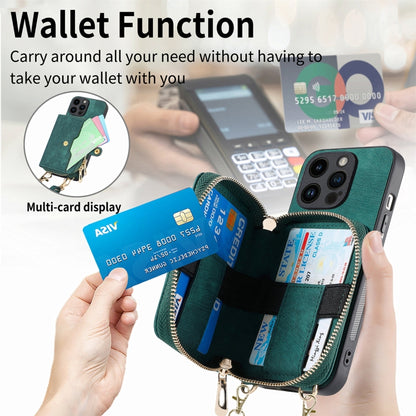 For iPhone 15 Pro Crossbody Multi-function Zipper Wallet Phone Case(Green) - iPhone 15 Pro Cases by buy2fix | Online Shopping UK | buy2fix