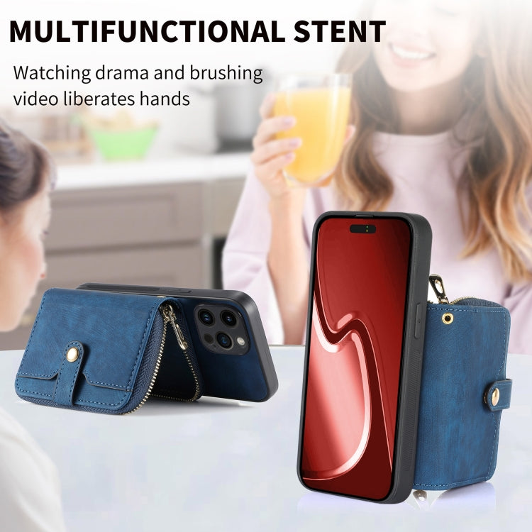 For iPhone 15 Pro Crossbody Multi-function Zipper Wallet Phone Case(Blue) - iPhone 15 Pro Cases by buy2fix | Online Shopping UK | buy2fix
