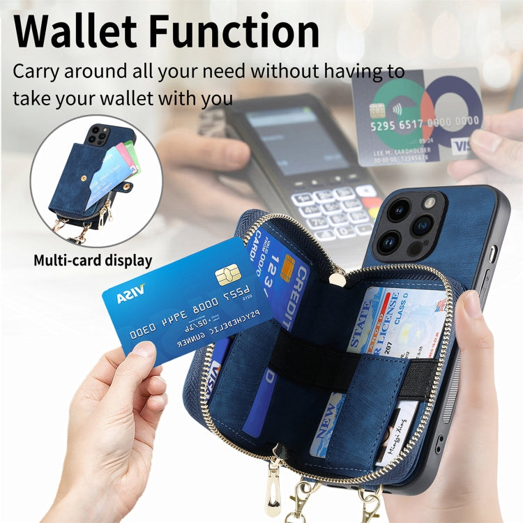 For iPhone 15 Pro Crossbody Multi-function Zipper Wallet Phone Case(Blue) - iPhone 15 Pro Cases by buy2fix | Online Shopping UK | buy2fix