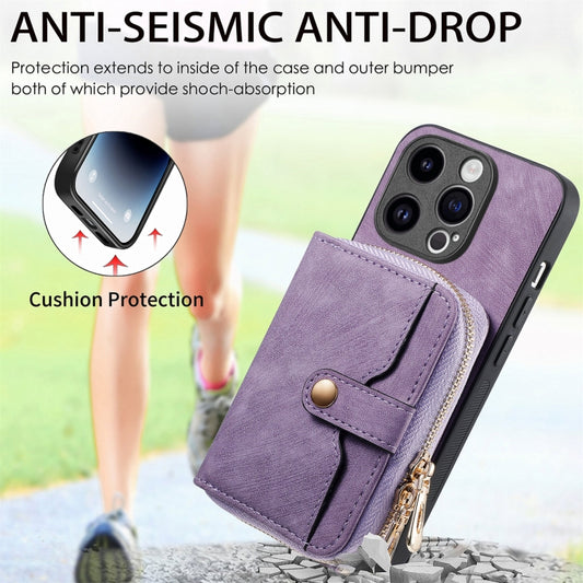 For iPhone 15 Pro Crossbody Multi-function Zipper Wallet Phone Case(Purple) - iPhone 15 Pro Cases by buy2fix | Online Shopping UK | buy2fix