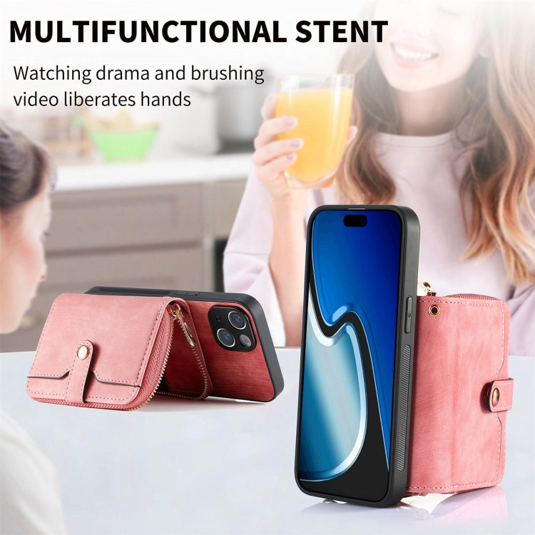For iPhone 15 Crossbody Multi-function Zipper Wallet Phone Case(Pink) - iPhone 15 Cases by buy2fix | Online Shopping UK | buy2fix