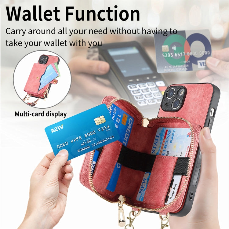 For iPhone 15 Crossbody Multi-function Zipper Wallet Phone Case(Pink) - iPhone 15 Cases by buy2fix | Online Shopping UK | buy2fix