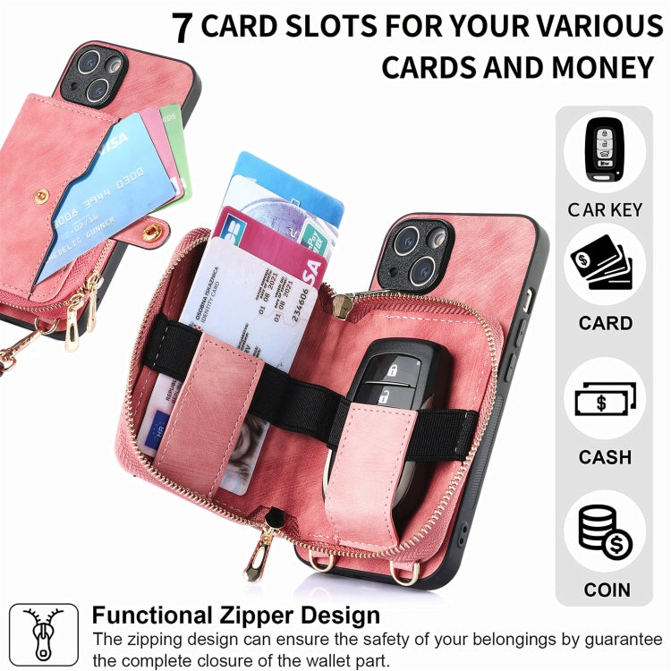 For iPhone 15 Crossbody Multi-function Zipper Wallet Phone Case(Pink) - iPhone 15 Cases by buy2fix | Online Shopping UK | buy2fix