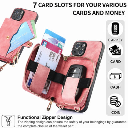 For iPhone 15 Crossbody Multi-function Zipper Wallet Phone Case(Pink) - iPhone 15 Cases by buy2fix | Online Shopping UK | buy2fix