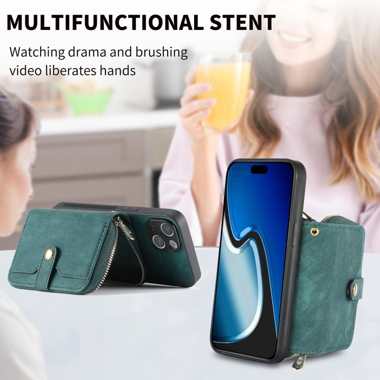 For iPhone 15 Crossbody Multi-function Zipper Wallet Phone Case(Green) - iPhone 15 Cases by buy2fix | Online Shopping UK | buy2fix