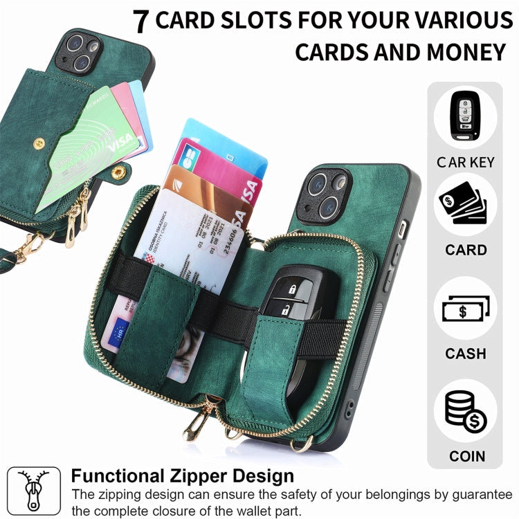 For iPhone 15 Crossbody Multi-function Zipper Wallet Phone Case(Green) - iPhone 15 Cases by buy2fix | Online Shopping UK | buy2fix