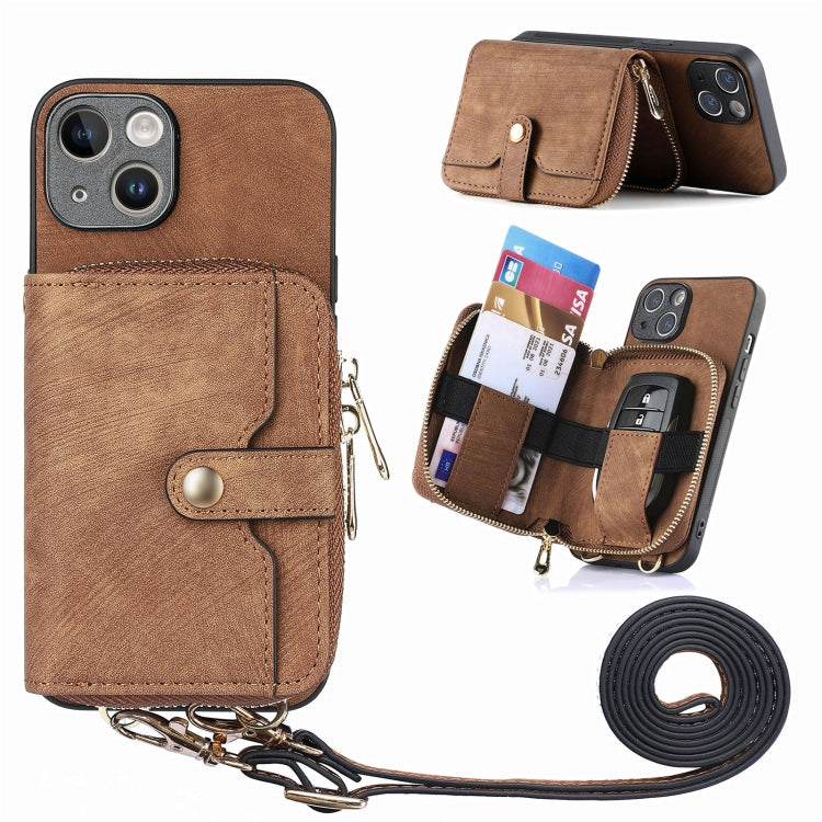 For iPhone 15 Crossbody Multi-function Zipper Wallet Phone Case(Brown) - iPhone 15 Cases by buy2fix | Online Shopping UK | buy2fix