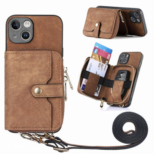 For iPhone 15 Crossbody Multi-function Zipper Wallet Phone Case(Brown) - iPhone 15 Cases by buy2fix | Online Shopping UK | buy2fix