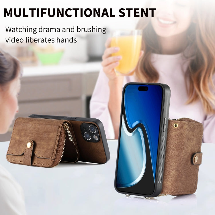 For iPhone 15 Crossbody Multi-function Zipper Wallet Phone Case(Brown) - iPhone 15 Cases by buy2fix | Online Shopping UK | buy2fix