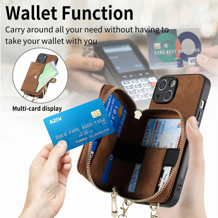 For iPhone 15 Crossbody Multi-function Zipper Wallet Phone Case(Brown) - iPhone 15 Cases by buy2fix | Online Shopping UK | buy2fix