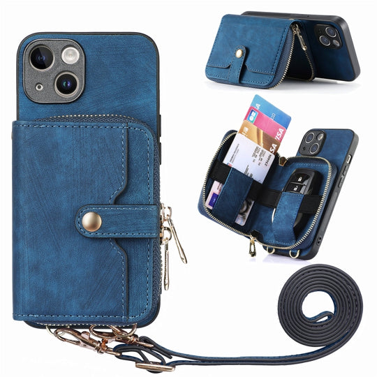 For iPhone 15 Crossbody Multi-function Zipper Wallet Phone Case(Blue)