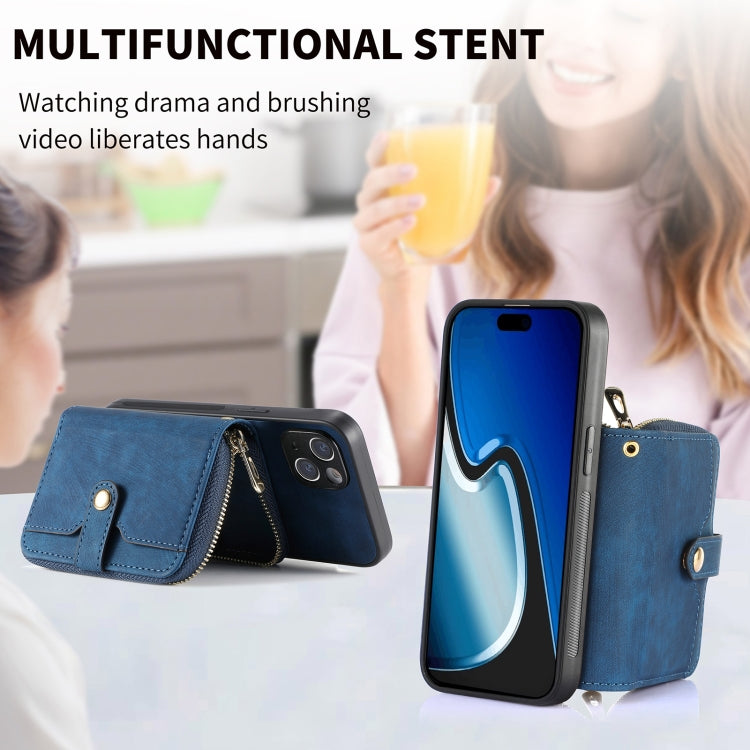 For iPhone 15 Crossbody Multi-function Zipper Wallet Phone Case(Blue) - iPhone 15 Cases by buy2fix | Online Shopping UK | buy2fix