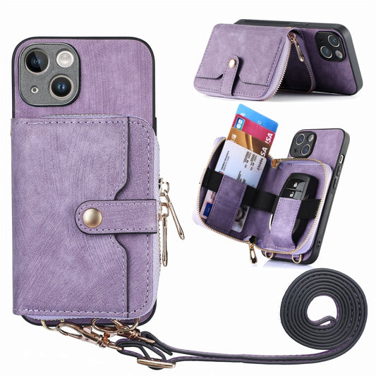 For iPhone 15 Crossbody Multi-function Zipper Wallet Phone Case(Purple) - iPhone 15 Cases by buy2fix | Online Shopping UK | buy2fix