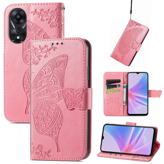 For OPPO A58 4G Butterfly Love Flower Embossed Leather Phone Case(Pink) by buy2fix