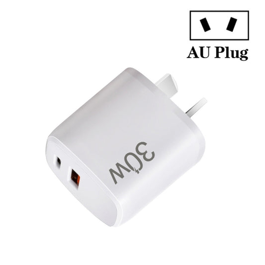 PD30W USB-C / Type-C + QC3.0 USB Dual Port Charger for iPhone 15 / iPad Series, AU Plug(White) by buy2fix