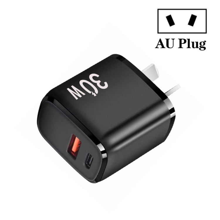 PD30W USB-C / Type-C + QC3.0 USB Dual Port Charger for iPhone 15 / iPad Series, AU Plug(Black) by buy2fix
