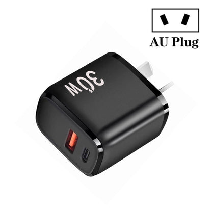 PD30W USB-C / Type-C + QC3.0 USB Dual Port Charger for iPhone 15 / iPad Series, AU Plug(Black) by buy2fix