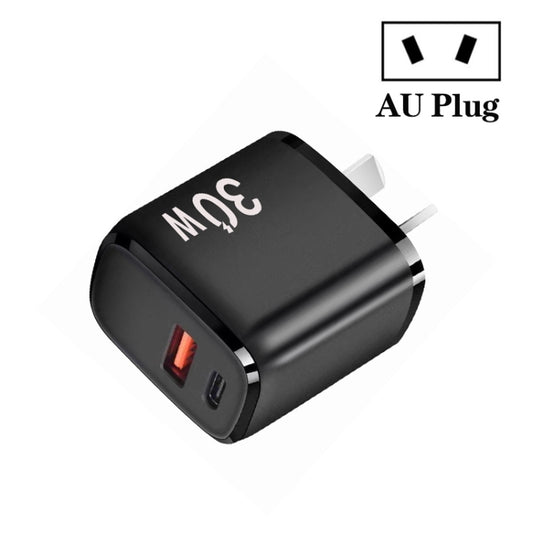 PD30W USB-C / Type-C + QC3.0 USB Dual Port Charger for iPhone 15 / iPad Series, AU Plug(Black) by buy2fix