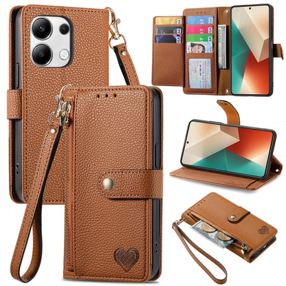 For Xiaomi Redmi Note 13 4G Love Zipper Lanyard Leather Phone Case(Brown) - Xiaomi Cases by buy2fix | Online Shopping UK | buy2fix