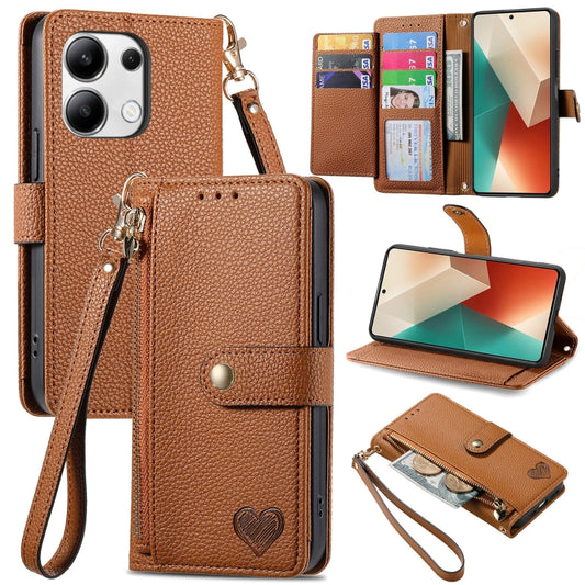 For Xiaomi Redmi Note 13 4G Love Zipper Lanyard Leather Phone Case(Brown) - Xiaomi Cases by buy2fix | Online Shopping UK | buy2fix