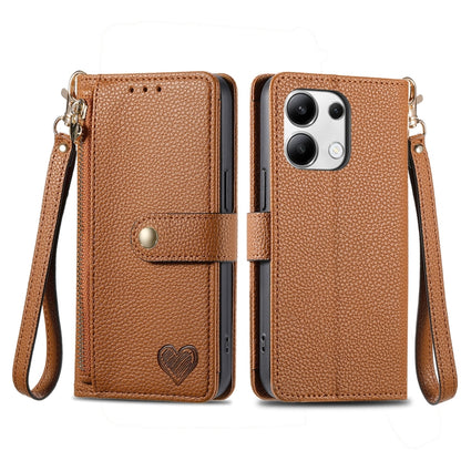 For Xiaomi Redmi Note 13 4G Love Zipper Lanyard Leather Phone Case(Brown) - Xiaomi Cases by buy2fix | Online Shopping UK | buy2fix