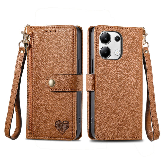 For Xiaomi Redmi Note 13 4G Love Zipper Lanyard Leather Phone Case(Brown) - Xiaomi Cases by buy2fix | Online Shopping UK | buy2fix