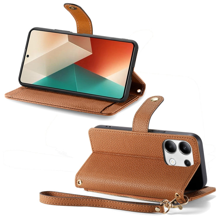 For Xiaomi Redmi Note 13 4G Love Zipper Lanyard Leather Phone Case(Brown) - Xiaomi Cases by buy2fix | Online Shopping UK | buy2fix