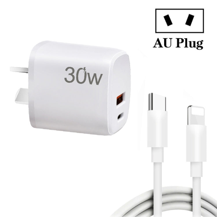 PD30W USB-C / Type-C + QC3.0 USB Charger with 1m Type-C to 8 Pin Data Cable, AU Plug(White) by buy2fix