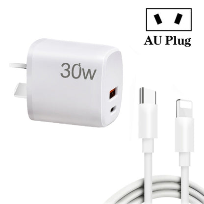 PD30W USB-C / Type-C + QC3.0 USB Charger with 1m Type-C to 8 Pin Data Cable, AU Plug(White) by buy2fix