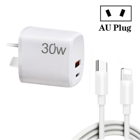PD30W USB-C / Type-C + QC3.0 USB Charger with 1m Type-C to 8 Pin Data Cable, AU Plug(White) by buy2fix