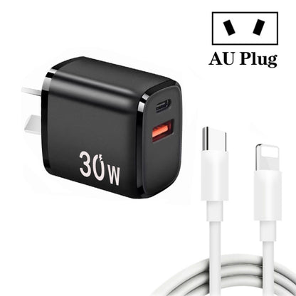 PD30W USB-C / Type-C + QC3.0 USB Charger with 1m Type-C to 8 Pin Data Cable, AU Plug(Black) by buy2fix