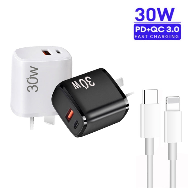 PD30W USB-C / Type-C + QC3.0 USB Charger with 1m Type-C to 8 Pin Data Cable, AU Plug(Black) by buy2fix