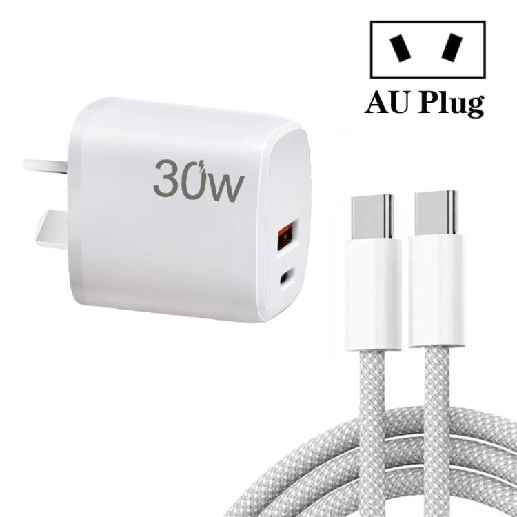 PD30W USB-C / Type-C + QC3.0 USB Charger with 1m Type-C to Type-C Data Cable, AU Plug(White) by buy2fix