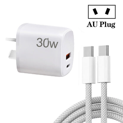 PD30W USB-C / Type-C + QC3.0 USB Charger with 1m Type-C to Type-C Data Cable, AU Plug(White) by buy2fix