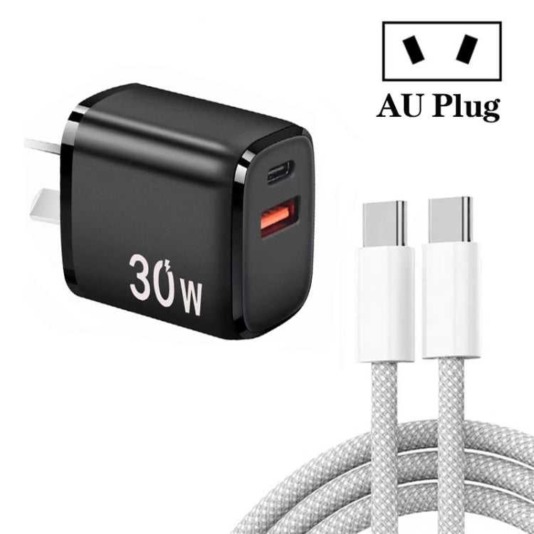 PD30W USB-C / Type-C + QC3.0 USB Charger with 1m Type-C to Type-C Data Cable, AU Plug(Black) by buy2fix