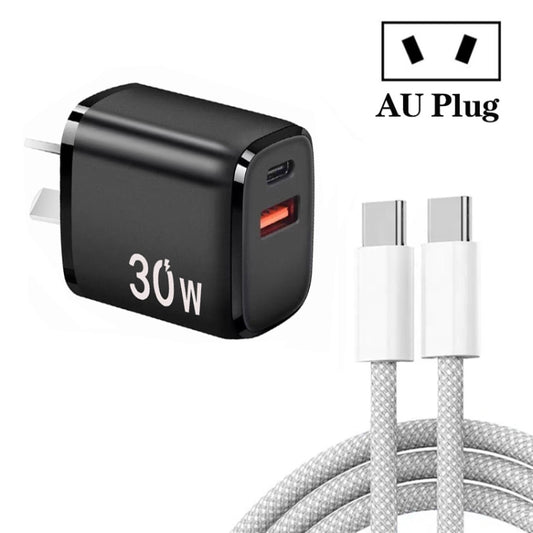 PD30W USB-C / Type-C + QC3.0 USB Charger with 1m Type-C to Type-C Data Cable, AU Plug(Black) by buy2fix