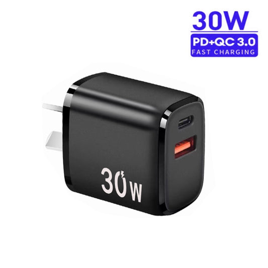 PD30W USB-C / Type-C + QC3.0 USB Charger with 1m Type-C to Type-C Data Cable, AU Plug(Black) by buy2fix