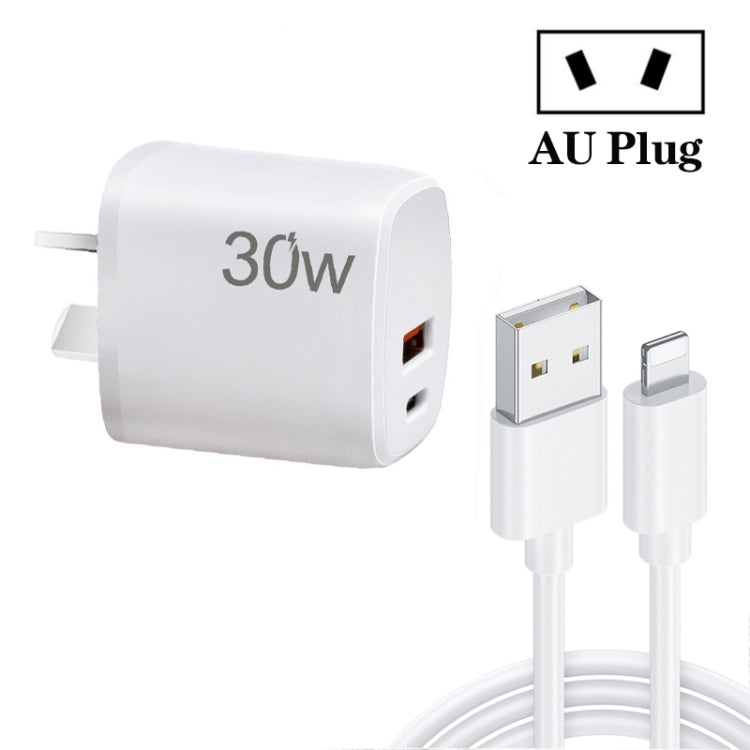 PD30W USB-C / Type-C + QC3.0 USB Charger with 1m USB to 8 Pin Data Cable, AU Plug(White) by buy2fix