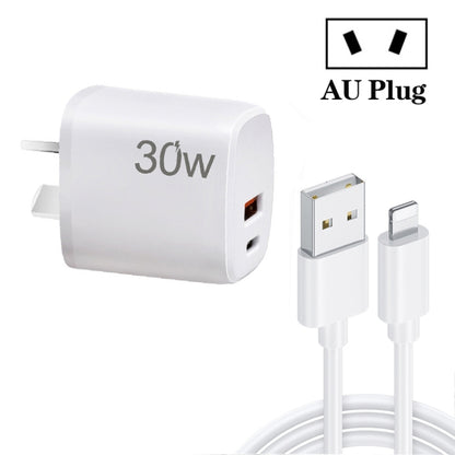 PD30W USB-C / Type-C + QC3.0 USB Charger with 1m USB to 8 Pin Data Cable, AU Plug(White) by buy2fix