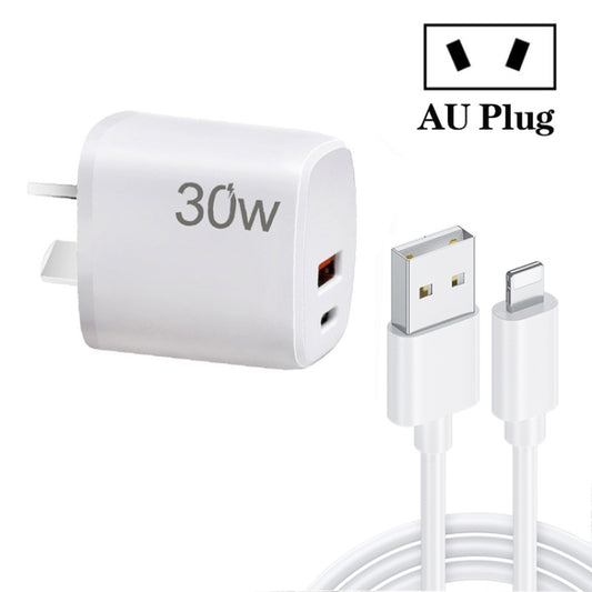 PD30W USB-C / Type-C + QC3.0 USB Charger with 1m USB to 8 Pin Data Cable, AU Plug(White) by buy2fix