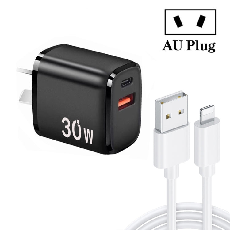 PD30W USB-C / Type-C + QC3.0 USB Charger with 1m USB to 8 Pin Data Cable, AU Plug(Black) by buy2fix