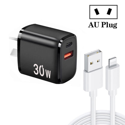 PD30W USB-C / Type-C + QC3.0 USB Charger with 1m USB to 8 Pin Data Cable, AU Plug(Black) by buy2fix