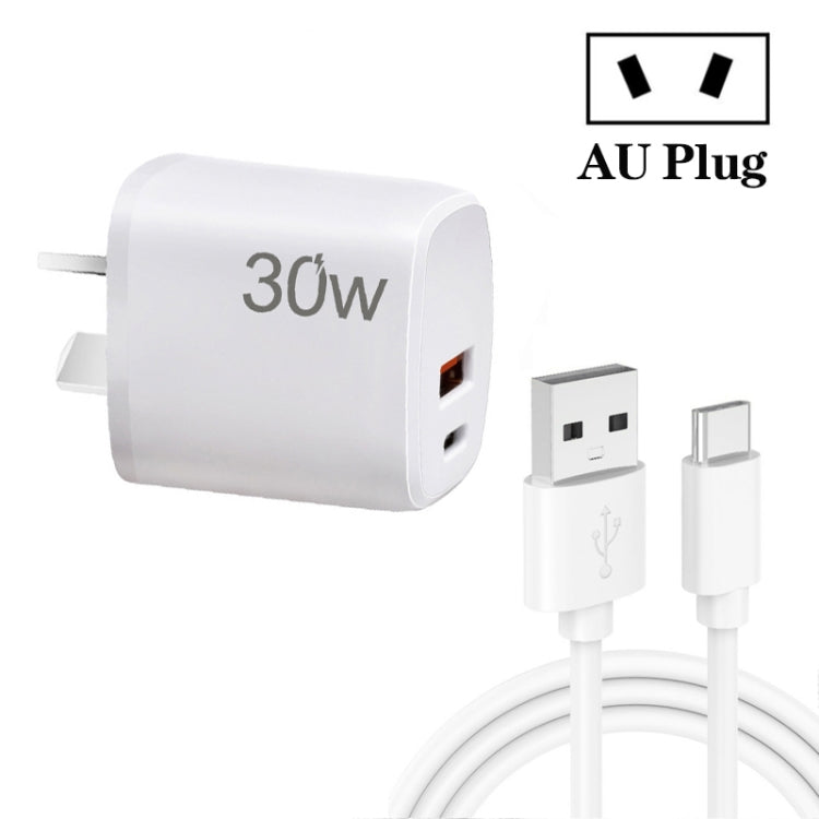 PD30W USB-C / Type-C + QC3.0 USB Charger with 1m USB to Type-C Data Cable, AU Plug(White) by buy2fix