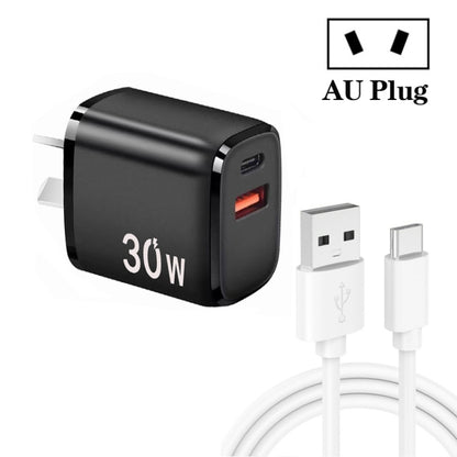 PD30W USB-C / Type-C + QC3.0 USB Charger with 1m USB to Type-C Data Cable, AU Plug(Black) by buy2fix